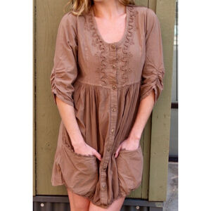 Caamano Peruvian Cotton Dress Size Large Brown Bridgett Dress Cinch Hem Natural